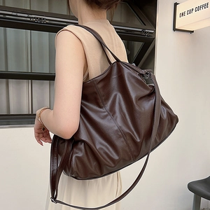 Large capacity dark brown tote bag with litchi grain texture and adjustable strap
