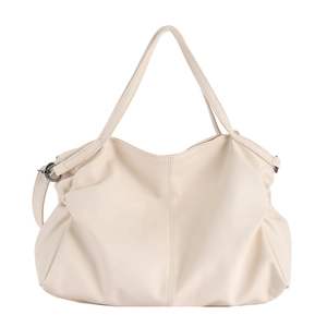 Minimalist cream white large capacity shoulder bag in lychee texture PU leather