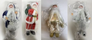 Detail of four Santa Claus figurines in red, blue, gold and silver outfits in packaging