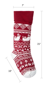 Detailed size chart of knit Christmas stocking with reindeer pattern, 21 inches height