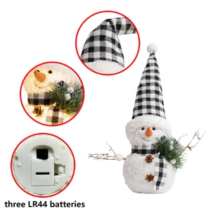 Detail of plush glowing Christmas snowman with plaid hat, LED lights, and battery compartment