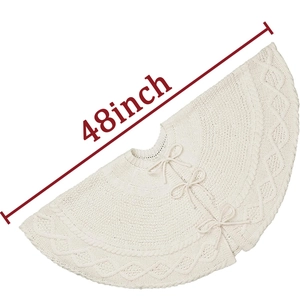 48 inch white cable knit Christmas tree skirt with decorative bow tie closure