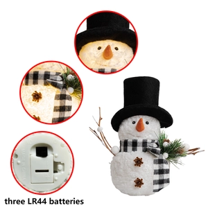 Lighted plush snowman ornament with black hat and plaid scarf for holiday decor