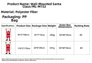 Size chart showing polyester Santa Claus wall decor dimensions and weight details