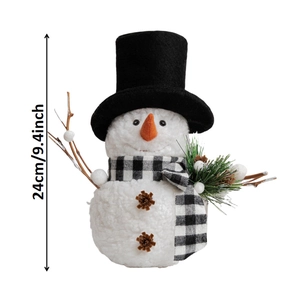 Plush Christmas snowman figurine with black hat and plaid scarf standing 24cm tall
