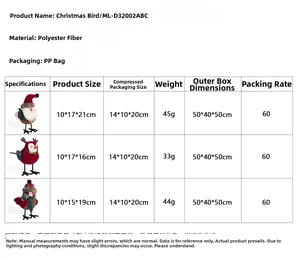 Detailed size and weight specifications table for plush Christmas bird decorations