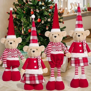 Christmas Teddy Bear Plush Doll With Extendable Legs Knitted Acrylic Sweater Standing Ornament For Festive Home Decor