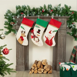 Three-piece Christmas stockings set with Reindeer, Snowman, and Santa Claus hanging decor