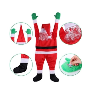 Detail view of Santa Claus hanging ornament with curly beard and plush red fabric
