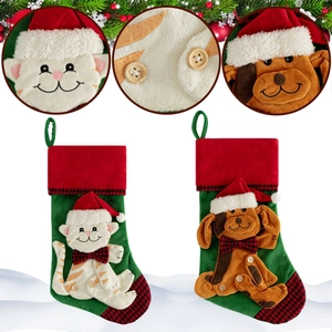 Christmas pet stockings set with cat and dog 3D appliques and red plaid trim details