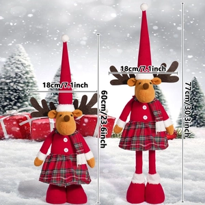 Set de 2 renos de Navidad de peluche con gorros rojos de punto y faldas de cuadros
