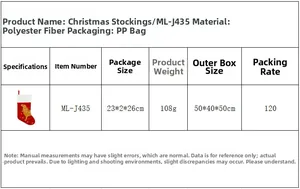 Detailed specifications table for red Christmas dog stocking with golden pattern and white fur