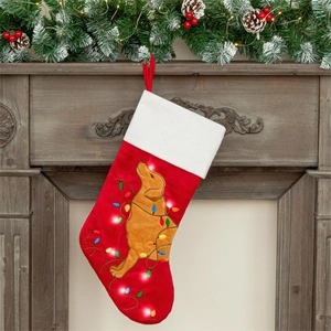 LED Glowing Christmas Stocking Red Fabric Socks With Golden Retriever Dog Embroidery For Xmas Fireplace Home Holiday Decor
