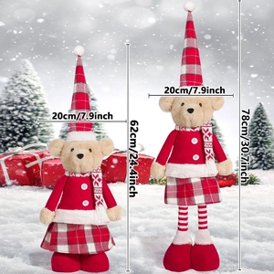 Detailed view of red plush Christmas bears with size markings 62cm and 78cm