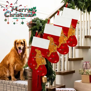 Set of 4 red Christmas stockings with Golden Retriever embroidery and LED lights on stairs