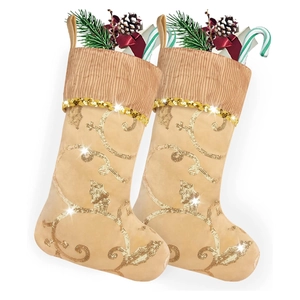 Champagne gold Christmas stockings with sequin vine embroidery and hanging loops