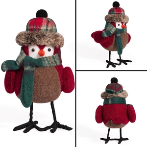 Detailed views of a red felt bird Christmas ornament with plaid hat and scarf details
