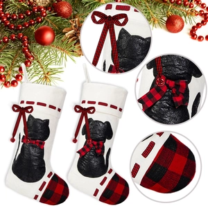 Christmas stockings set with cat and dog silhouettes and red-black checkered trim details