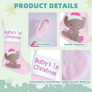 Detail view of pink baby's 1st Christmas sock with cute elephant and soft snowflake embroidery