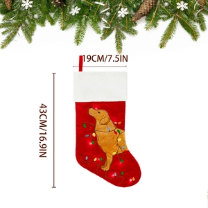 Red Christmas stocking with golden retriever design and 16.9 inch size details