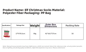 Detailed size specifications and material chart for striped Christmas elf socks