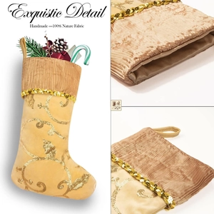 Champagne gold Christmas stocking with shiny sequin vine embroidery for holiday decor