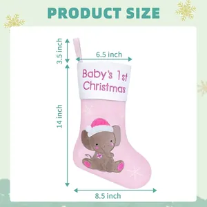 Pink elephant baby's 1st Christmas stocking with size measurements and embroidery