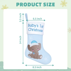 Blue baby's 1st Christmas elephant stocking with product size measurements