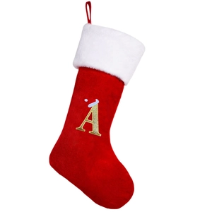 Red velvet Christmas stocking with white plush trim and golden embroidered letter A