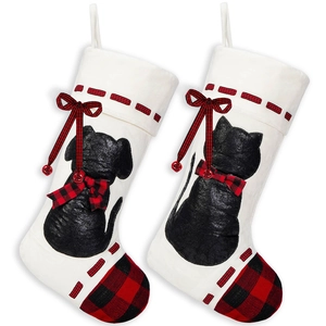 Christmas stocking set with cat and dog silhouettes in warm white fleece and buffalo plaid