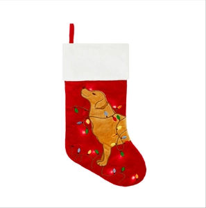 Christmas stocking in red with golden retriever embroidery and glowing LED light