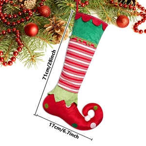 Christmas elf socks decoration in red and green stripes with pompom, 28 inch height