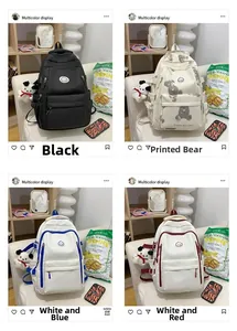 Collage of four large capacity nylon backpacks in black, bear print, blue and red styles