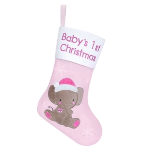 Pink plush baby's first Christmas stocking with elephant embroidery and hanging loop