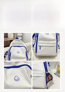 Detail view of large white canvas backpack featuring blue zippers and functional pockets