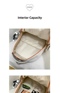 Vue détaillée des compartiments intérieurs spacieux du sac à dos de voyage beige