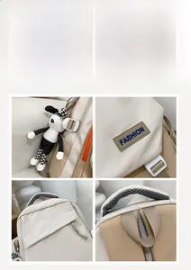 Vue détaillée du sac à dos patchwork kaki avec poignée en maille et charme en peluche