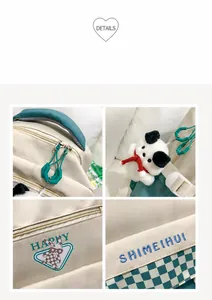 Detalle del primer plano de la mochila blanco crema con cremalleras verdes y panda