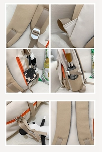 Vue détaillée du sac à dos grande capacité montrant la poche latérale et les fermetures éclair orange