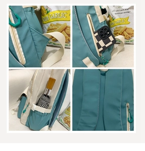 Detalles de correas reforzadas, bolsillo antirrobo trasero y bolsillos laterales del mochila