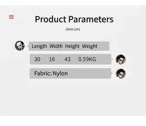 Detailed size chart showing dimensions 30x16x43cm for the nylon school backpack