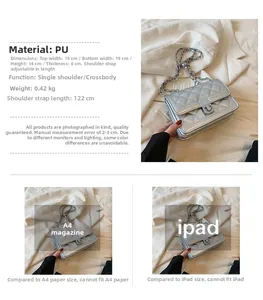 Quilted silver crossbody bag size comparison with A4 paper and iPad dimensions
