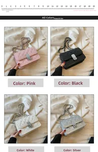 Close-up of quilted chain square bags in pink, black, white, and silver leather