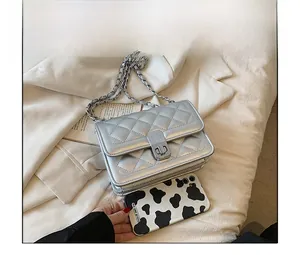 Detailed comparison of silver quilted chain bag with phone to show mini size