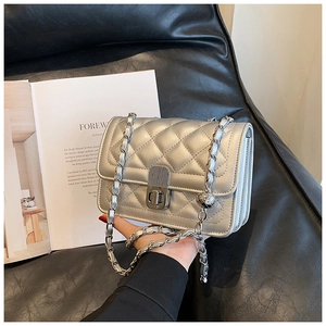 Detailed close-up of quilted silver chain bag with metallic lock and ball ornament