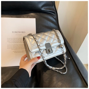 Close-up of the silver quilted leather texture and rotating metal lock on the shoulder bag
