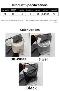 Detailed size chart and dimensions for the quilted chain crossbody bucket handbag