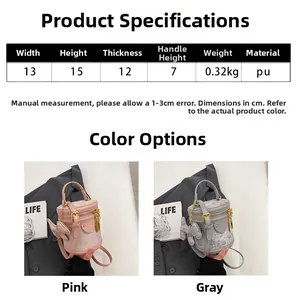 Detailed size specifications for mini PU leather bucket bags in pink and gray colors