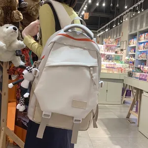 Sac à Dos en Nylon Color Block Mode Lettre Sac d'École Pour Femmes Étudiants Voyage Décontracté Couleur Contrastée Avec Pendentif