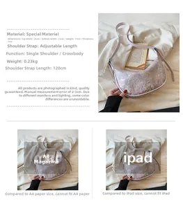 Detailed view of lavender textured crescent bag with size dimensions and weight info